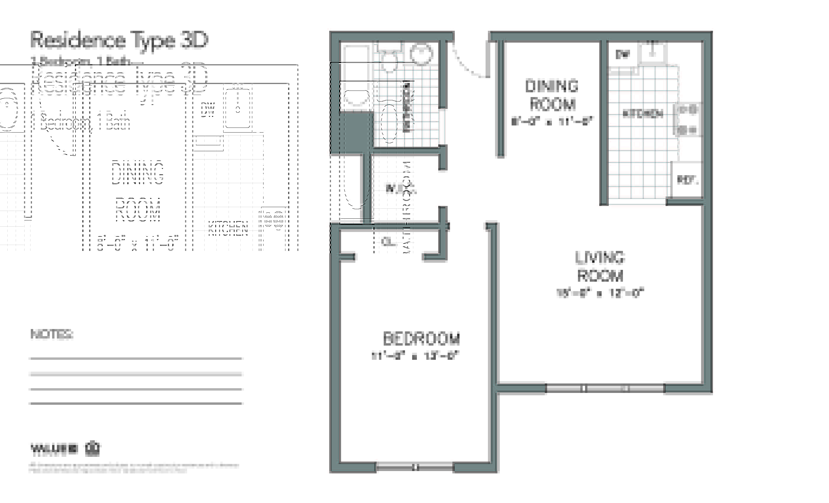 Floor plan for 1 bed, 1 bath, 648 sqft
